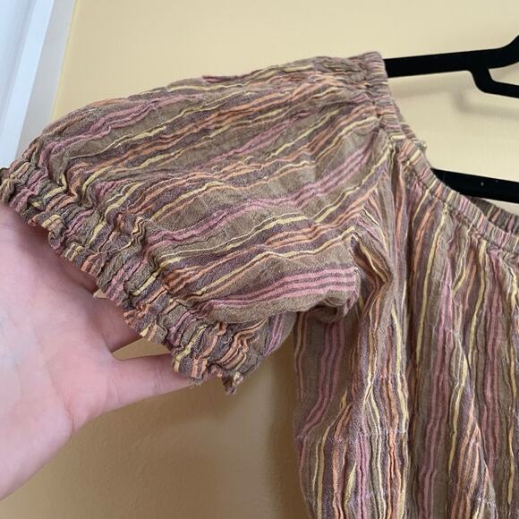 Free People Vivi Smocked Peasant Blouse Natural Stripe Sz L Neutral Boho Stripe - Picture 5 of 9
